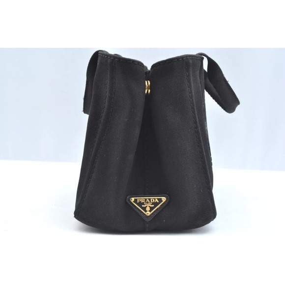 Authentic PRADA Canapa Canvas Shoulder Hand Bag Purse Black small size tote - Picture 5 of 17